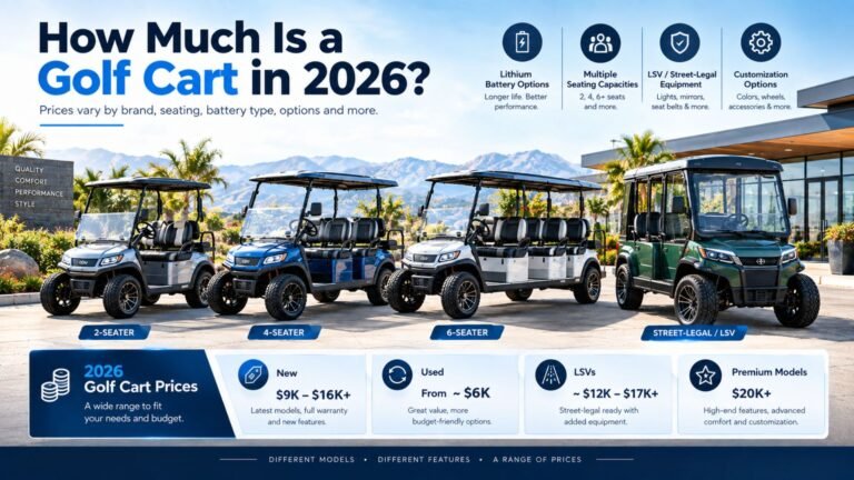 Modern golf carts in multiple configurations with a 2026 pricing comparison showing new, used, premium, and street-legal golf cart price ranges.