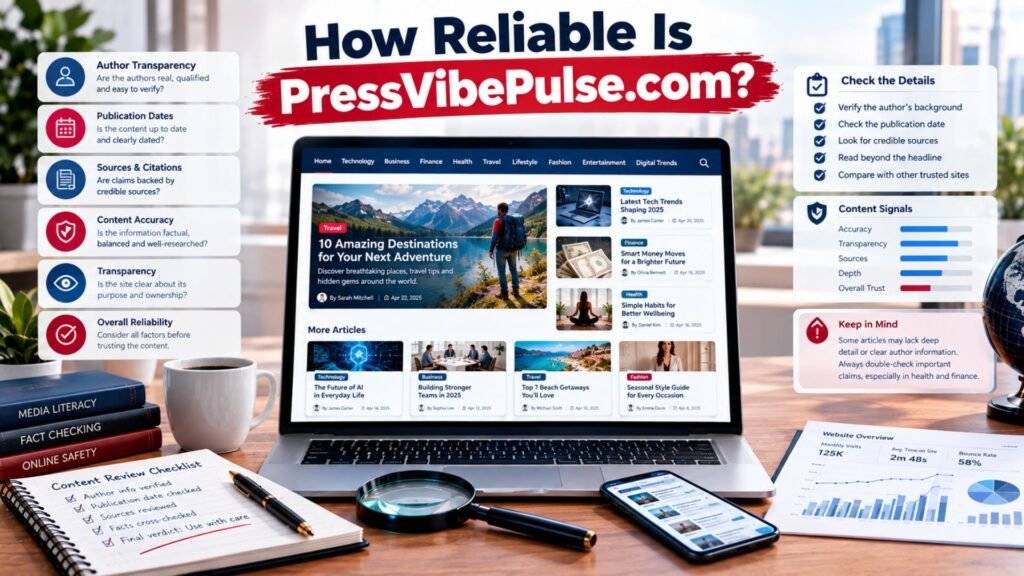 PressVibePulse.com reliability review showing article sources, author information, fact-checking, publication dates, and credibility indicators.