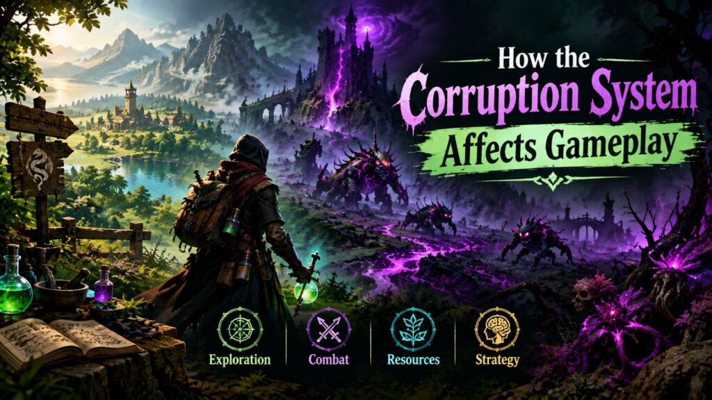 A strong composition would place the alchemist and corrupted environment on the left and the title prominently on the right for a clean blog-featured-image layout.