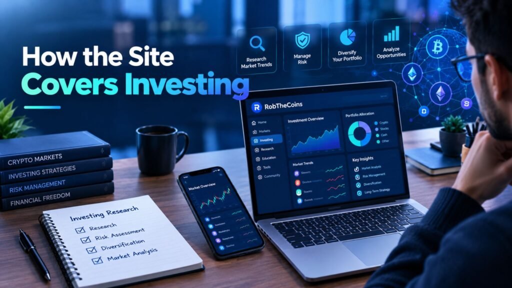 Editorial illustration showing an investor researching market information, portfolio charts, and investment analysis on a cryptocurrency-focused website.