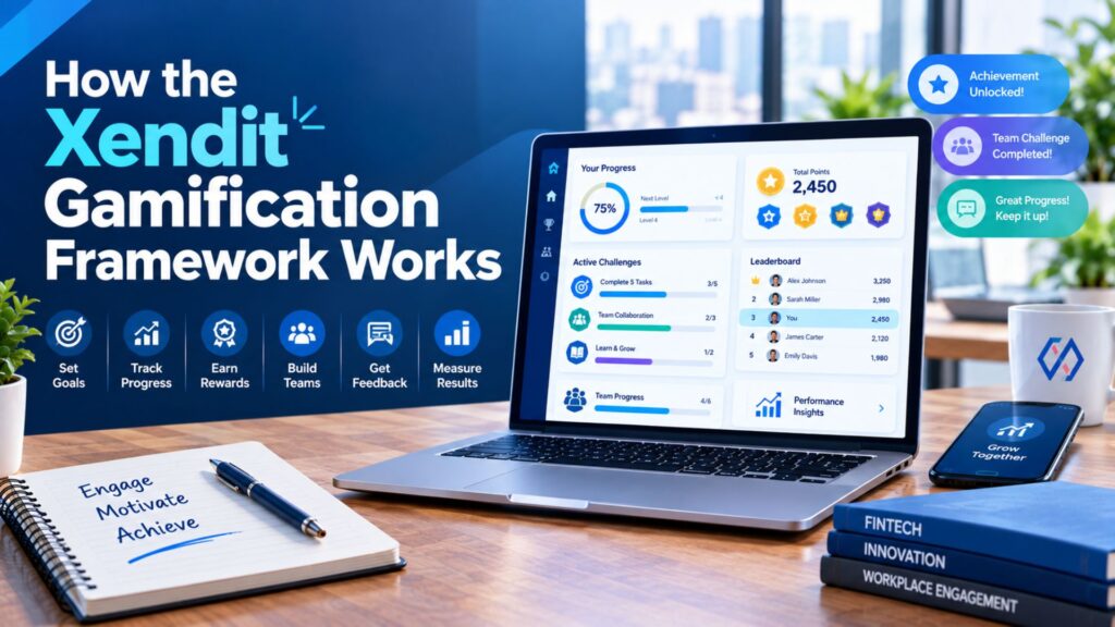 Xendit gamification framework concept showing workplace goals, progress tracking, badges, challenges, feedback, and performance analytics