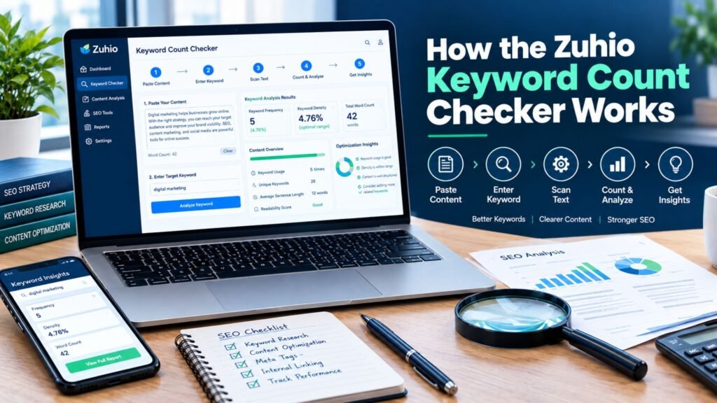 Zuhio Keyword Count Checker workflow showing content analysis, keyword frequency, keyword density, word count, and SEO optimization insights.