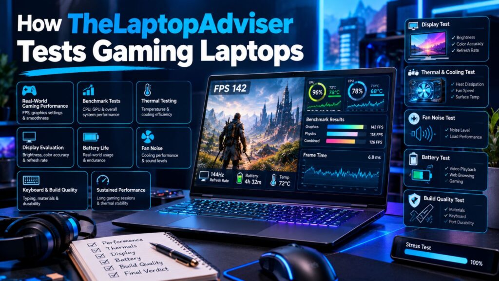 Gaming laptop undergoing FPS, benchmark, thermal, battery, and performance testing for TheLaptopAdviser gaming laptop reviews