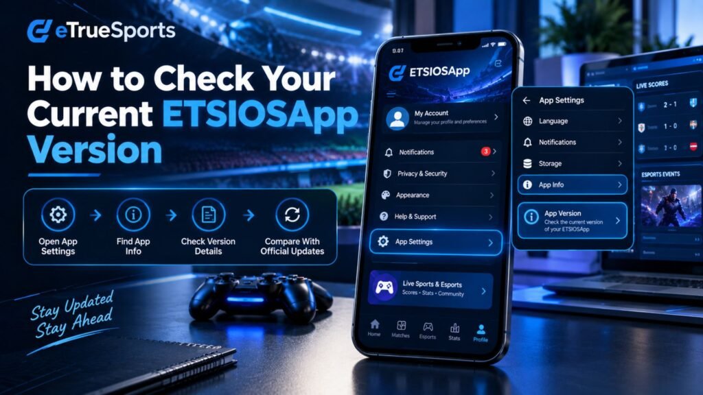 Smartphone displaying ETSIOSApp settings with an App Version section and step-by-step guidance for checking the current ETSIOSApp version