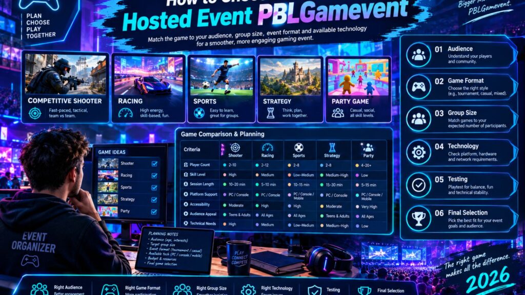 Esports event organizer comparing video games by audience, group size, platform, format, and technical requirements