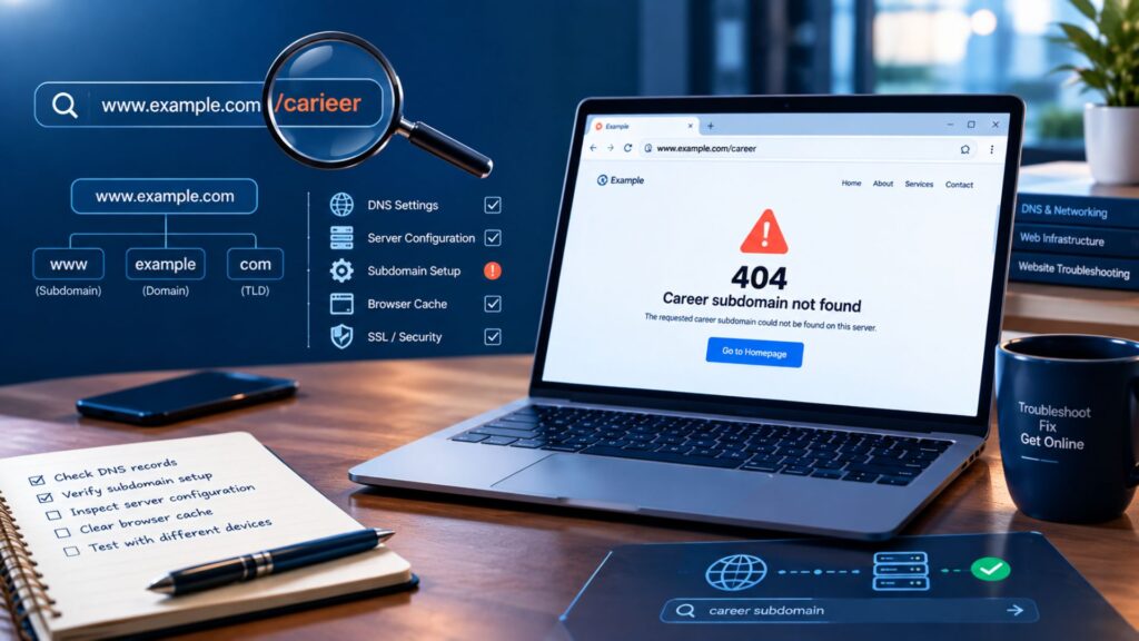 How to diagnose a missing career subdomain with website, URL, DNS, and 404 error troubleshooting indicators.