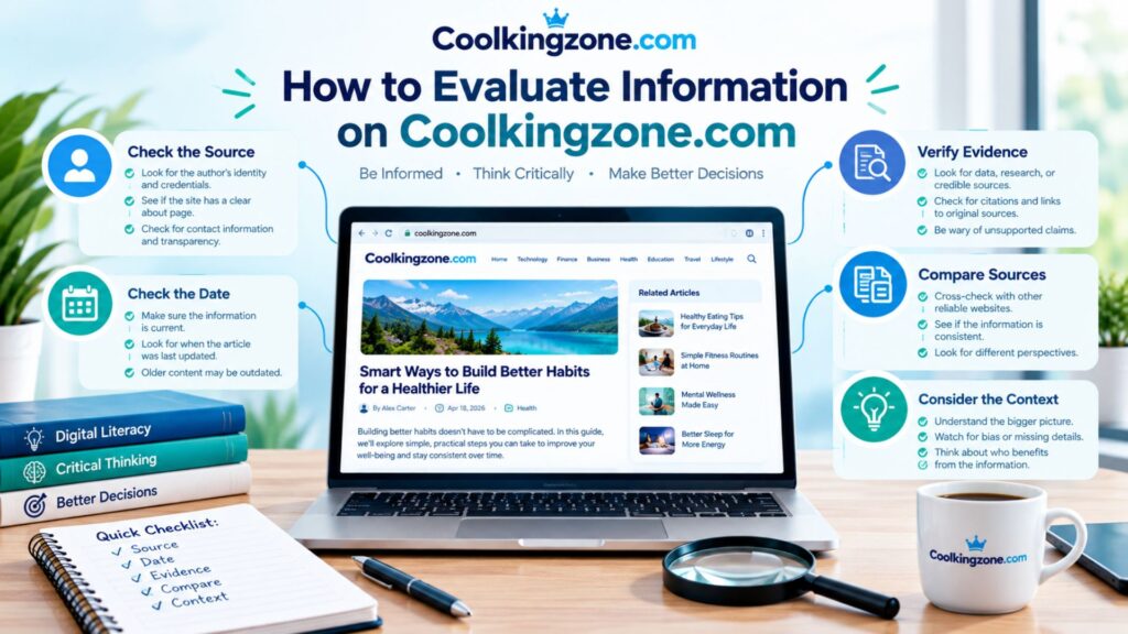How to evaluate information on Coolkingzone.com, showing a laptop with the website and guidance on checking sources, dates, evidence, comparing sources, and considering context.