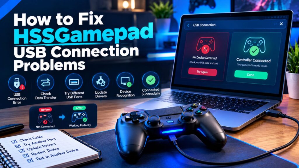 Generic game controller connected to a laptop by USB while showing HSSGamepad connection troubleshooting and repair indicators.