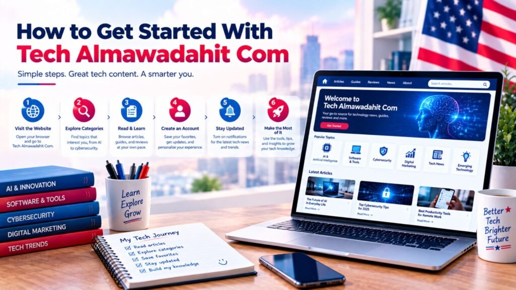 Modern technology workspace showing steps to get started with Tech Almawadahit Com, including exploring categories, reading articles, creating an account, and staying updated.
