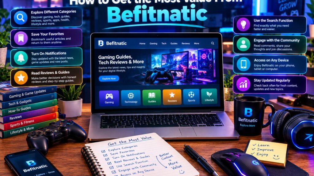 How to get the most value from Befitnatic, featuring a laptop with the Befitnatic website, gaming and technology content, how-to guides, reviews, sports and lifestyle categories, plus digital tools for exploring and staying updated