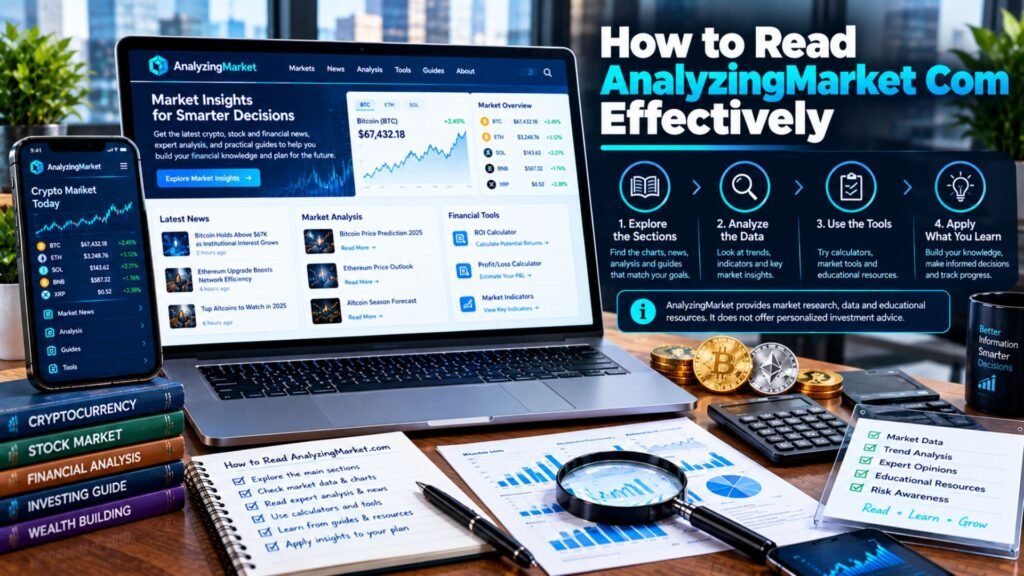 How to read AnalyzingMarket.com effectively using market data, charts, financial news, analysis tools, calculators, educational guides, and risk-awareness resources.