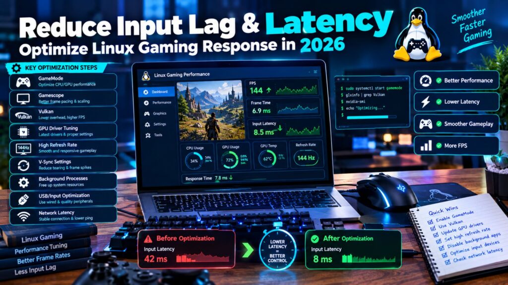 “Linux gaming setup showing ways to reduce input lag and system latency through performance monitoring, GPU tuning, refresh-rate settings, and background-process optimization.”