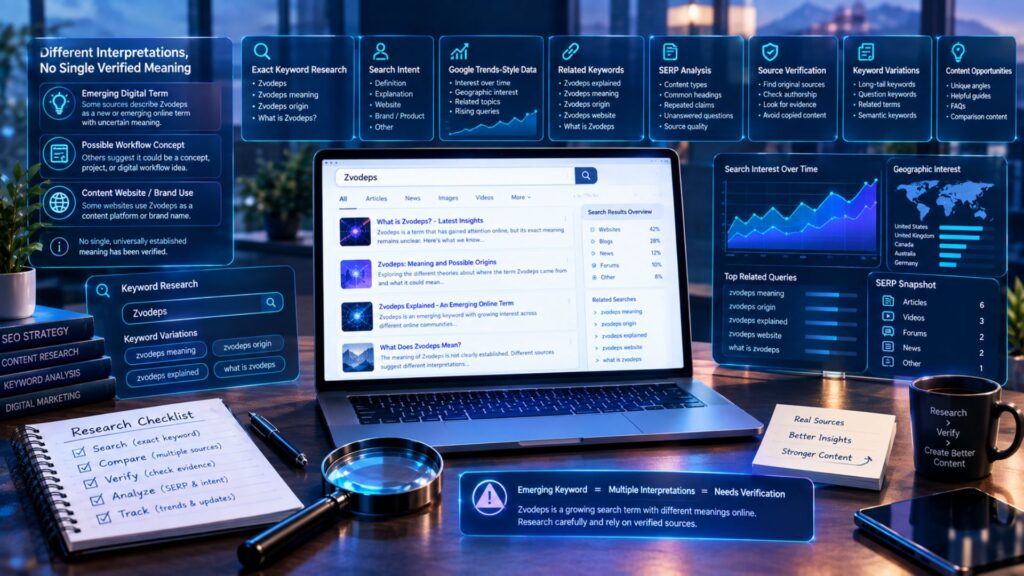 SEO research workspace showing how to research the emerging keyword Zvodeps through search intent, SERP analysis, keyword variations, trends, and source verification