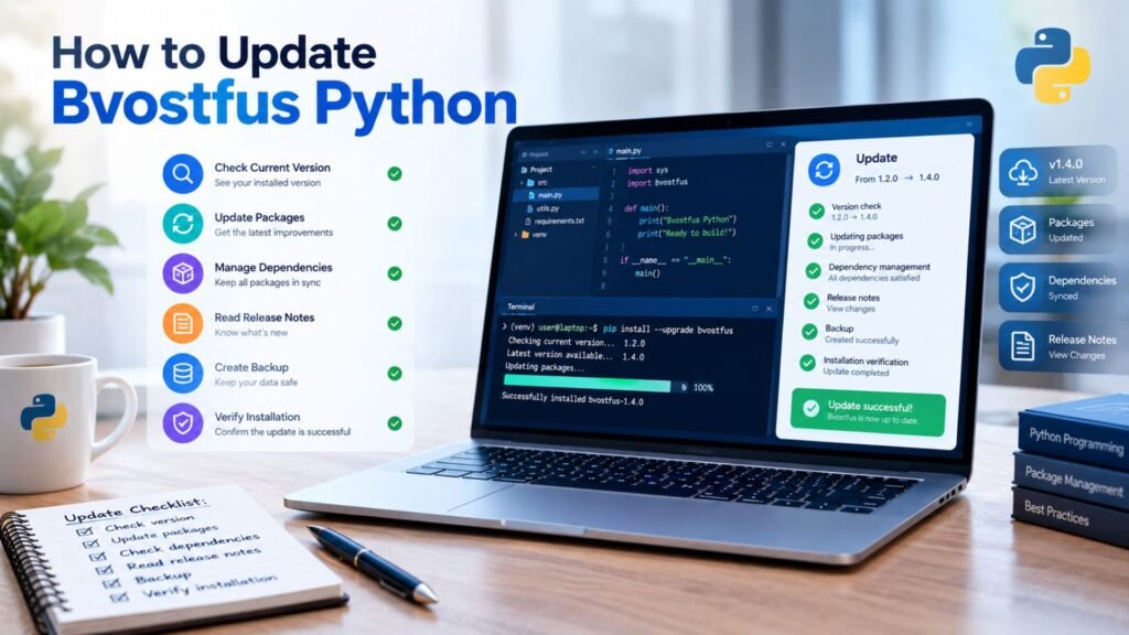 Laptop showing a Python software update workflow with version checking, package updates, dependency management, and successful update verification.