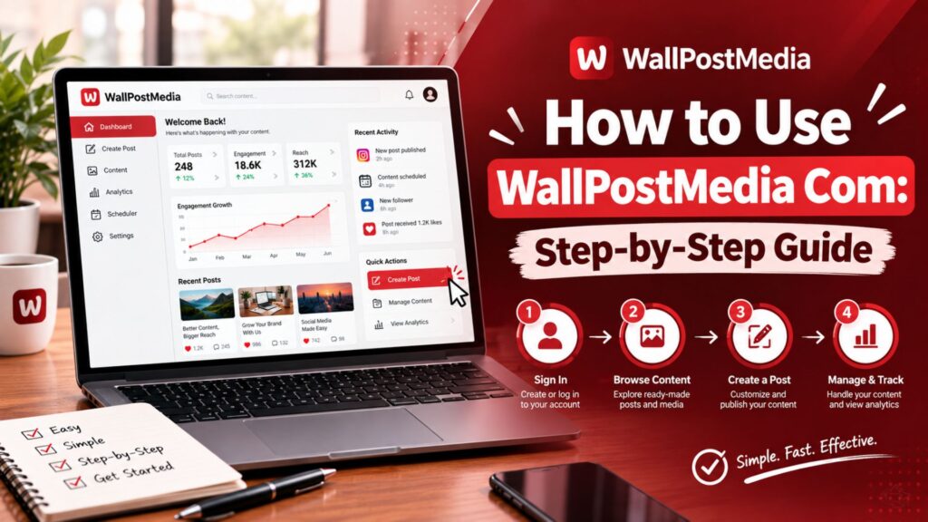 How to use WallPostMedia Com step-by-step with a laptop interface, numbered workflow, and tutorial icons