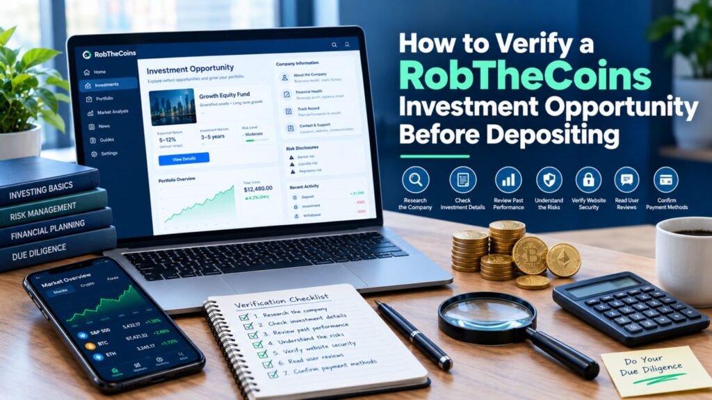 RobTheCoins investment verification concept showing a financial opportunity, due diligence checklist, risk indicators, website security checks, and investment research before depositing money.