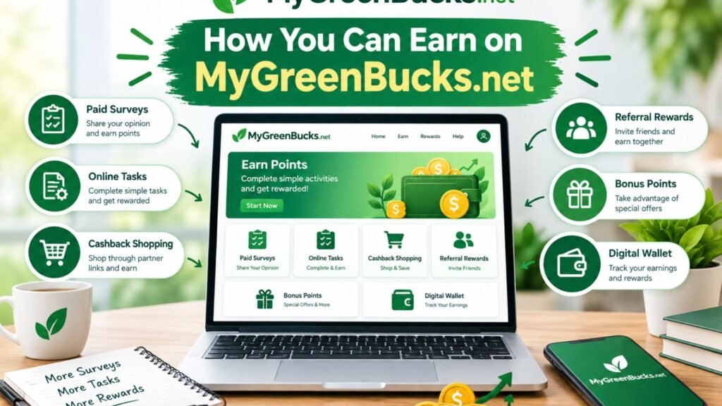 How to earn on MyGreenBucks.net through surveys, online tasks, cashback shopping, referrals, bonus rewards, and digital earnings.