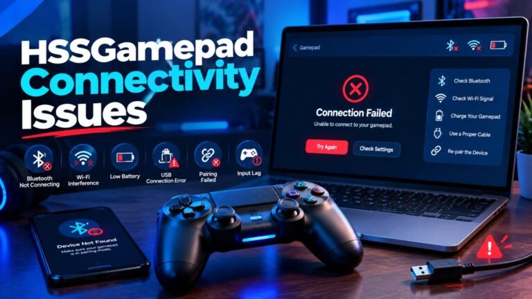 HSSGamepad connectivity issues represented by a wireless gamepad, Bluetooth warning, pairing error, and connection indicators