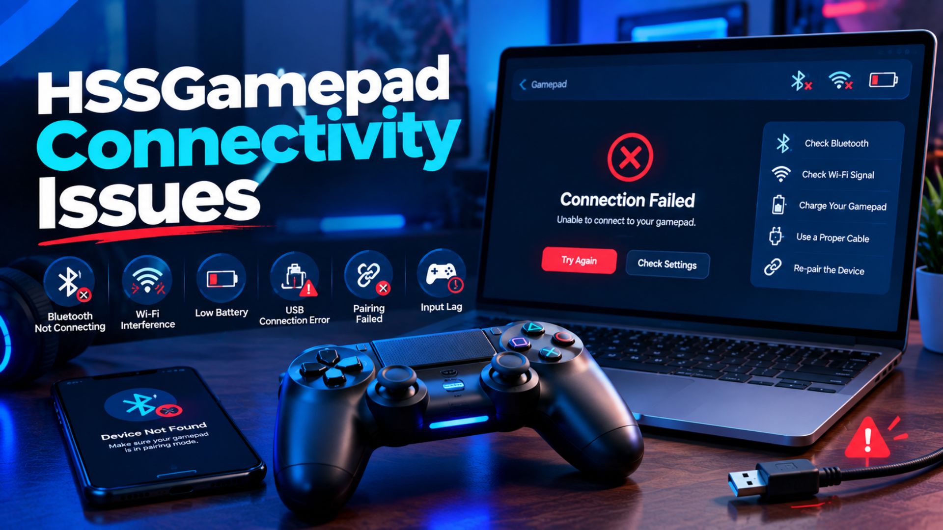 HSSGamepad connectivity issues represented by a wireless gamepad, Bluetooth warning, pairing error, and connection indicators