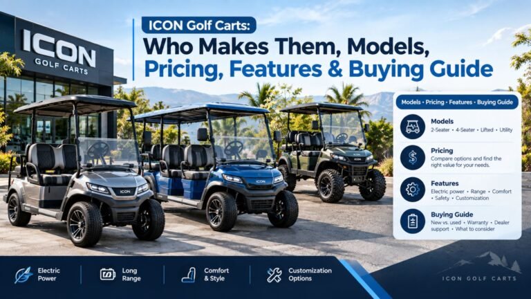 Modern ICON golf carts displayed in a premium dealership setting with multiple models, electric features, pricing, and buying-guide information.