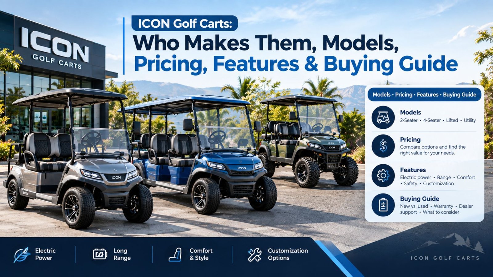 Modern ICON golf carts displayed in a premium dealership setting with multiple models, electric features, pricing, and buying-guide information.