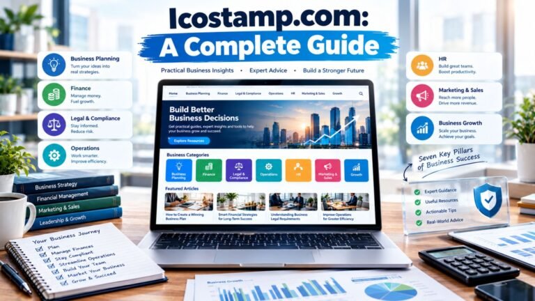 Icostamp com complete guide showing business planning, finance, legal compliance, operations, HR, marketing, sales, and growth resources.