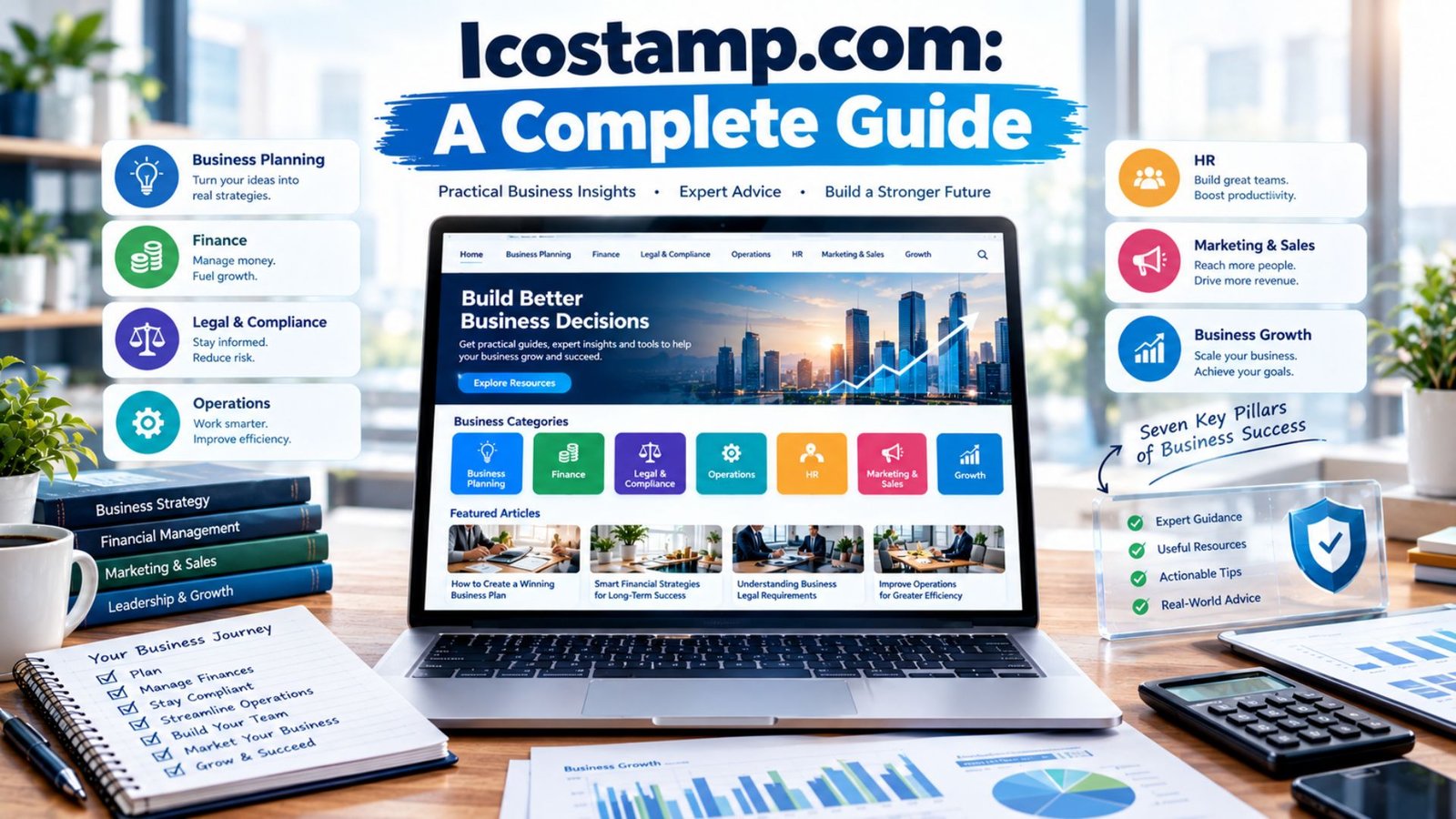 Icostamp com complete guide showing business planning, finance, legal compliance, operations, HR, marketing, sales, and growth resources.