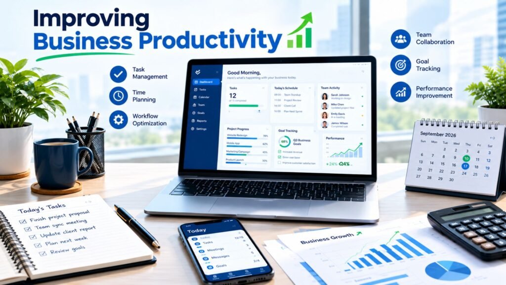 Improving business productivity with task management, workflow planning, goal tracking, and performance insights