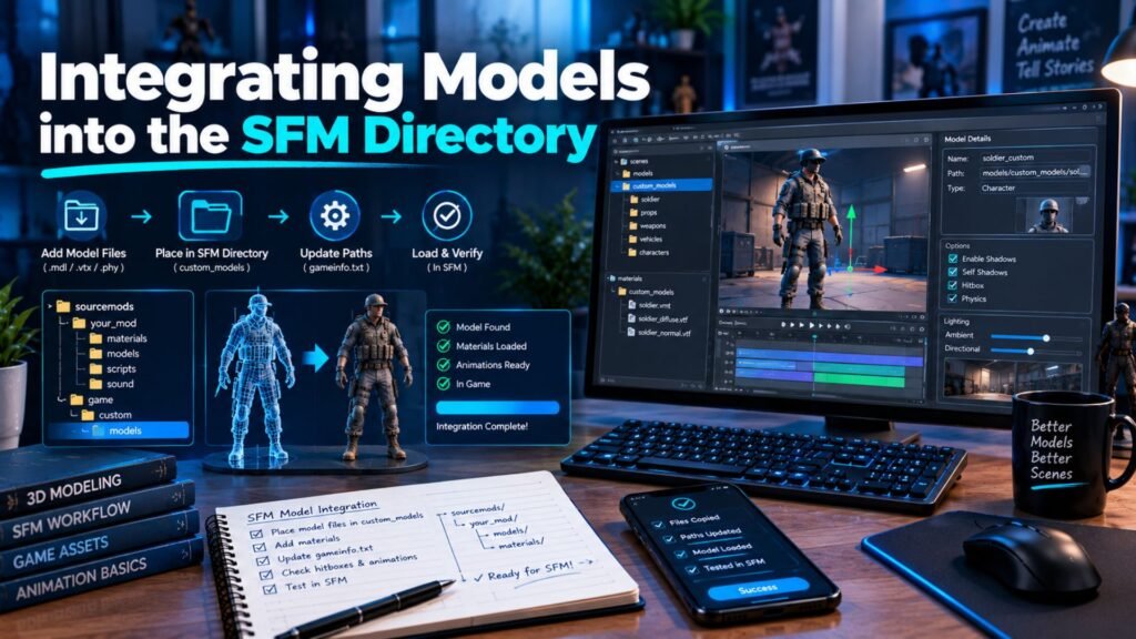Integrating custom 3D models into the SFM directory with model files, folder structure, materials, and Source Filmmaker workflow
