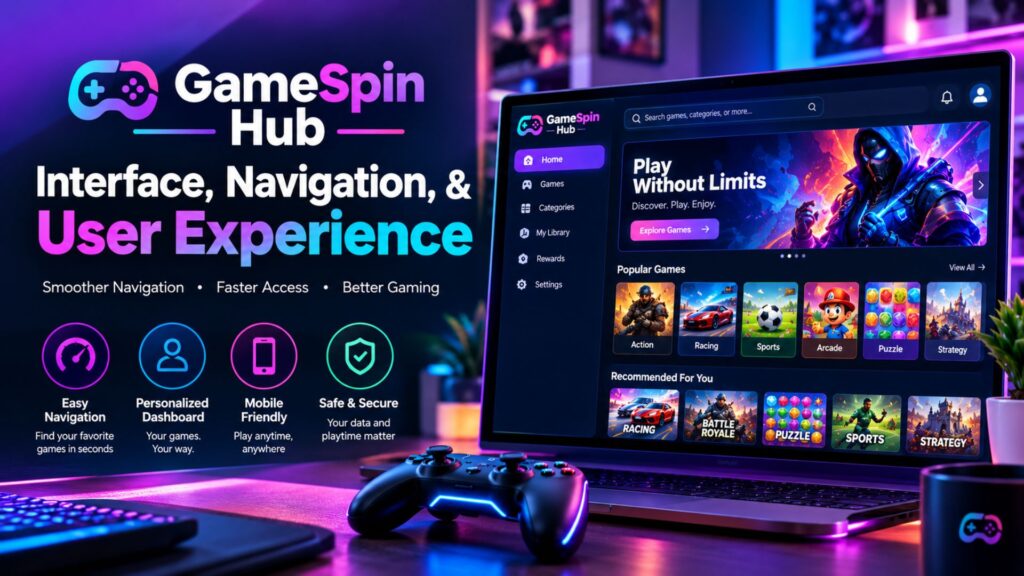 GameSpin Hub interface showing smooth navigation, personalized dashboard, mobile-friendly design, and user-friendly gaming features