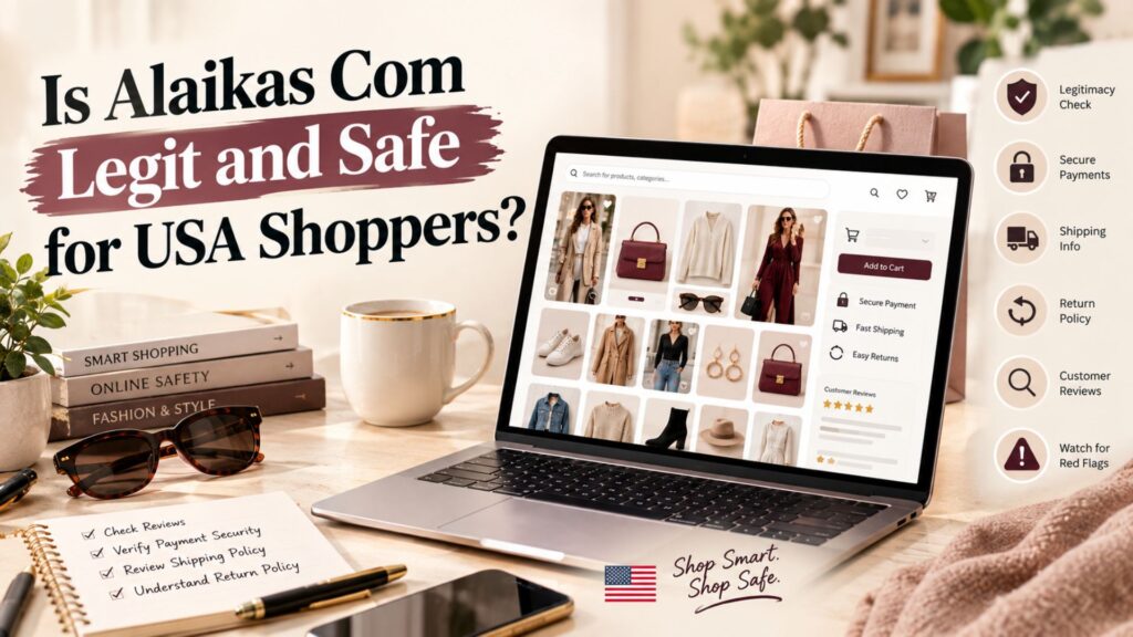 Alaikas Com fashion shopping website displayed on a laptop with online shopping safety, payment security, shipping, returns, and customer review icons for USA shoppers.