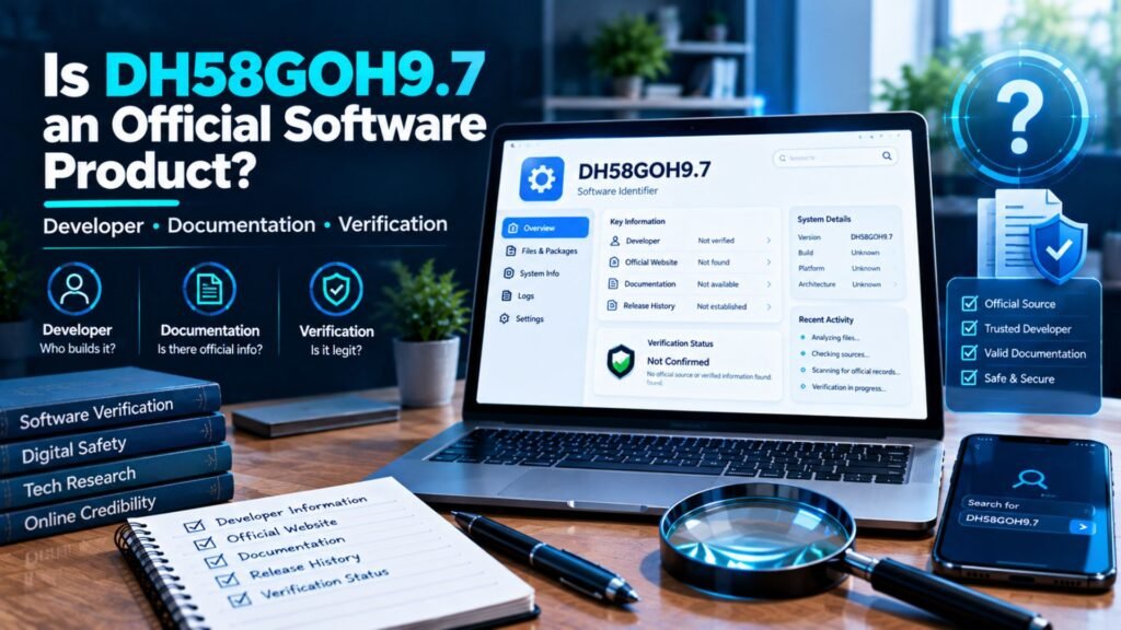 DH58GOH9.7 software verification concept showing a generic interface, developer information, documentation, and authenticity checks