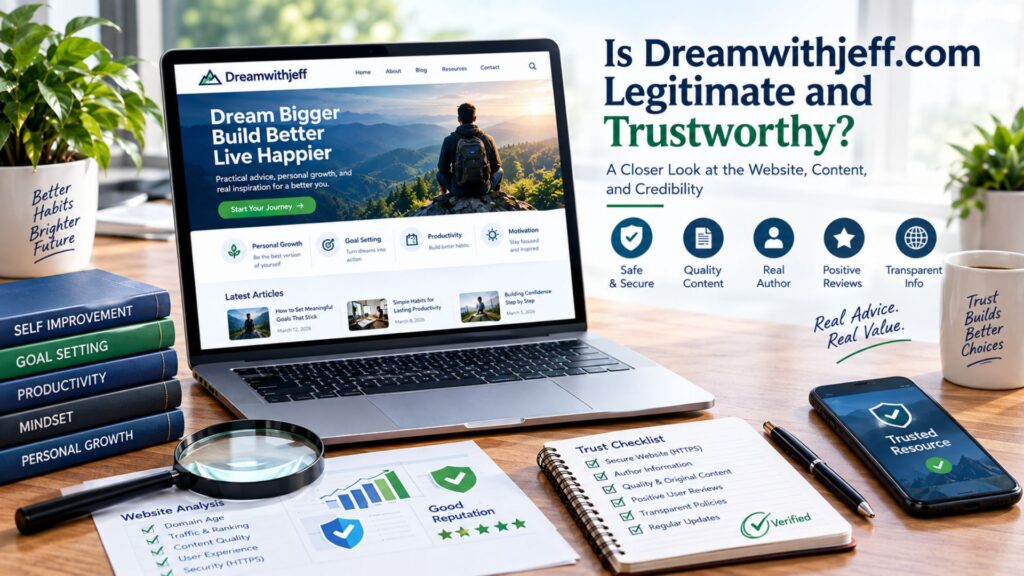 Is Dreamwithjeff.com legitimate and trustworthy? A laptop displays the website alongside a trust checklist, security shield, website analysis, content quality, author credibility, and transparency indicators.