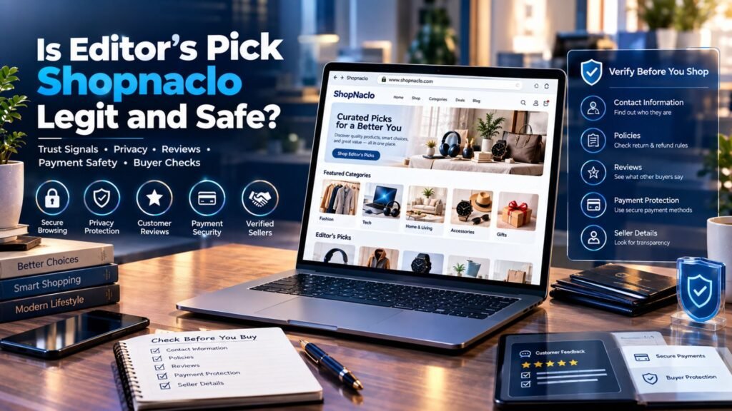 Shopnaclo legitimacy and safety concept showing a shopping website with trust signals for privacy, reviews, seller verification, secure payments, and buyer protection checks.