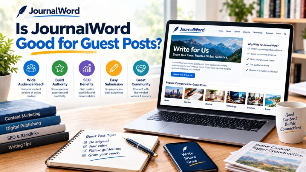 JournalWord guest post platform showing article submission, audience reach, SEO benefits, authority building, and writing opportunities