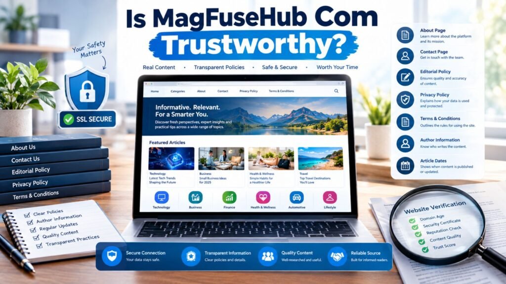 MagFuseHub Com trustworthiness review showing a generic publishing website, security shield, checklist, author information, and website verification elements.