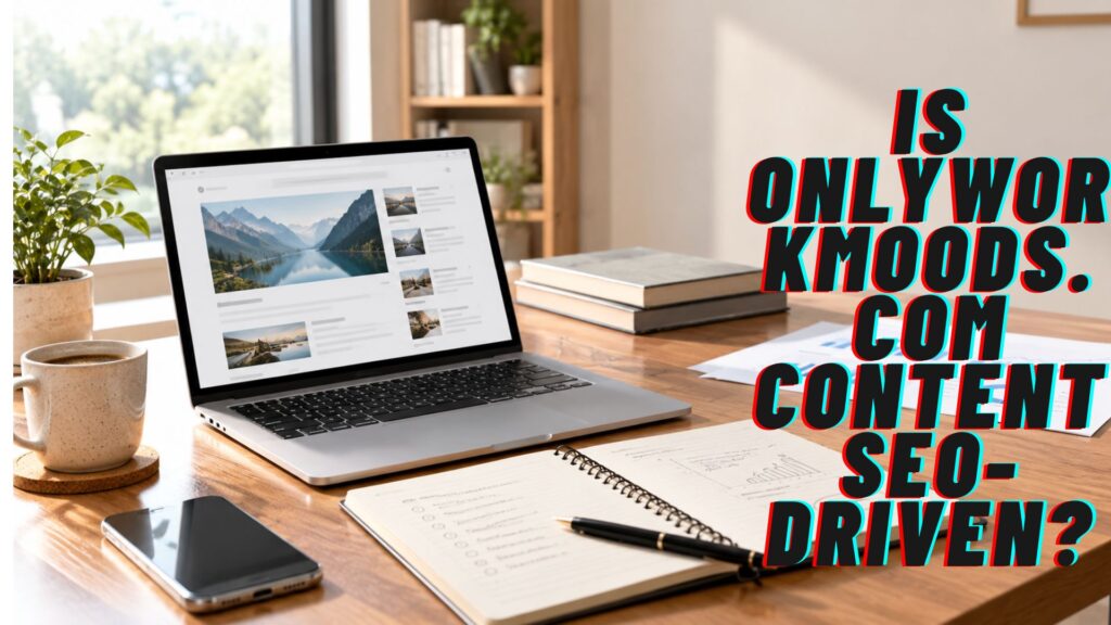 Laptop and workspace representing SEO-driven content strategy for OnlyWorkMoods.com