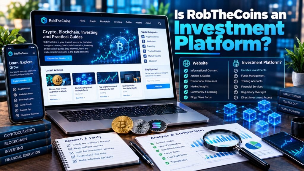 RobTheCoins website displayed on a laptop with cryptocurrency investing articles, blockchain information, market charts, and research visuals for examining whether it functions as an investment platform.