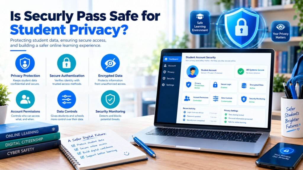 Generic student security dashboard showing privacy protection, secure authentication, encryption, account permissions, and data privacy controls.