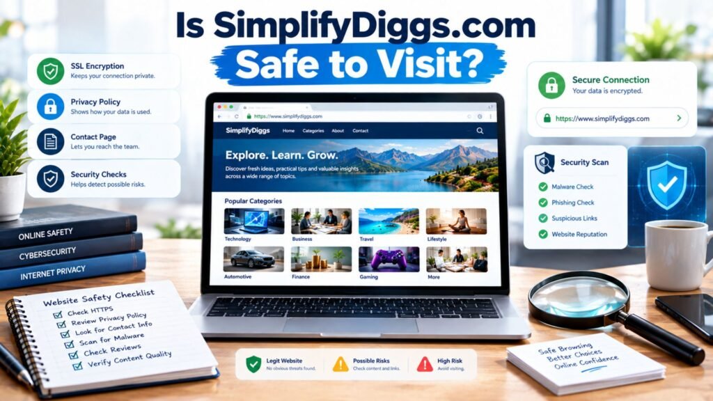 SimplifyDiggs.com safety check showing a generic website, HTTPS security, privacy indicators, cybersecurity scan, and trust checklist.