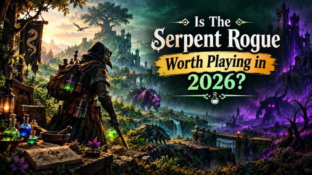 The Serpent Rogue gameplay scene featuring a hooded alchemist, glowing potions, fantasy creatures, ruined landscapes, and a corrupted purple wilderness, with text asking whether The Serpent Rogue is worth playing in 2026.