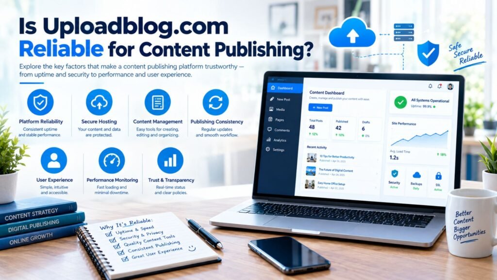 Generic publishing platform dashboard with security, uptime, performance, content management, and reliability indicators for evaluating a publishing service.