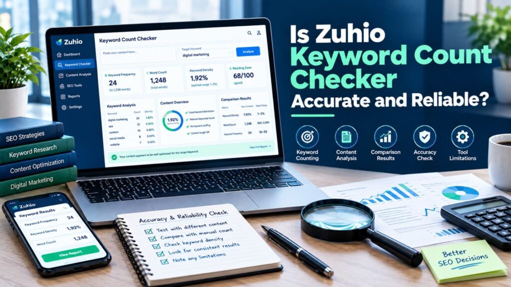 Zuhio Keyword Count Checker accuracy and reliability concept showing keyword counts, density calculations, manual verification, analytical charts, and SEO tool limitations.
