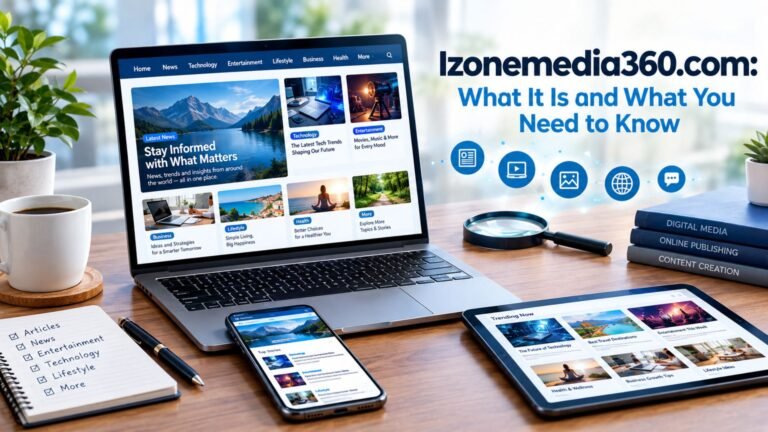 Izonemedia360 com website displayed on a laptop with digital media and information elements.