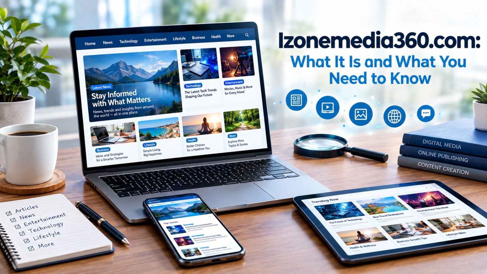 Izonemedia360 com website displayed on a laptop with digital media and information elements.
