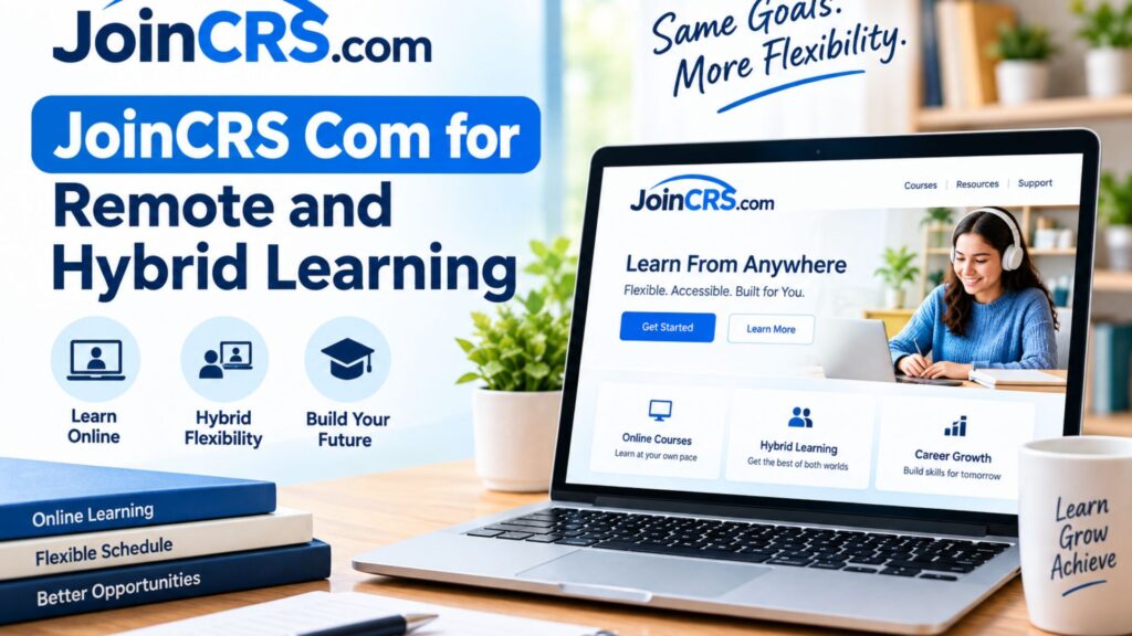 JoinCRS.com remote and hybrid learning platform displayed on a laptop with online course and flexible learning options