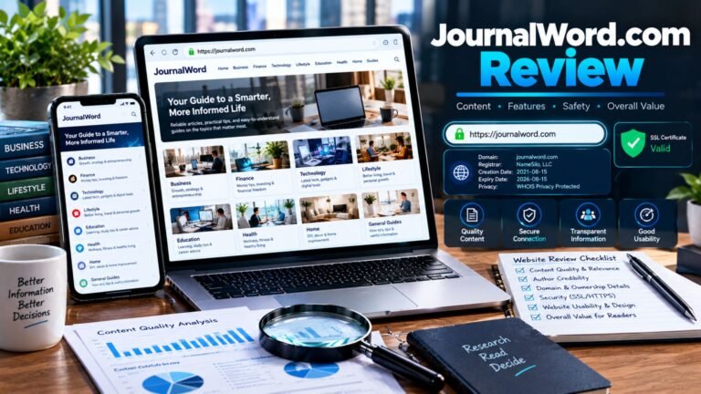 JournalWord com review showing a multi-topic informational website with business, finance, technology, lifestyle, education, health, website safety, and domain verification elements.