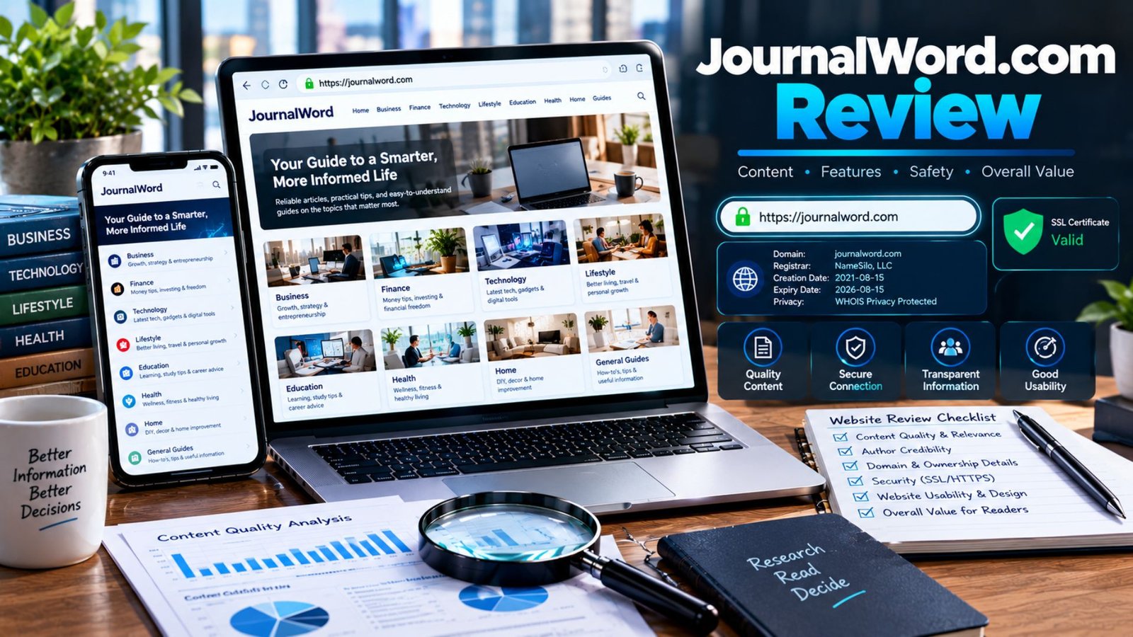 JournalWord com review showing a multi-topic informational website with business, finance, technology, lifestyle, education, health, website safety, and domain verification elements.