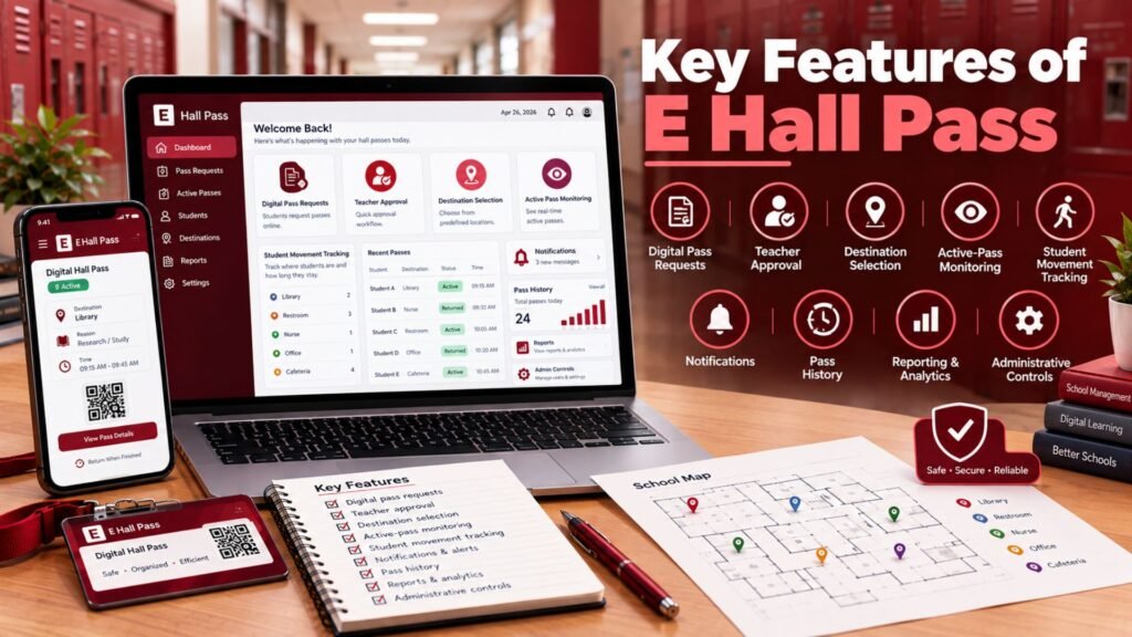Key features of E Hall Pass showing digital pass requests, teacher approval, destination selection, movement tracking, notifications, pass history, reporting, and administrative controls.