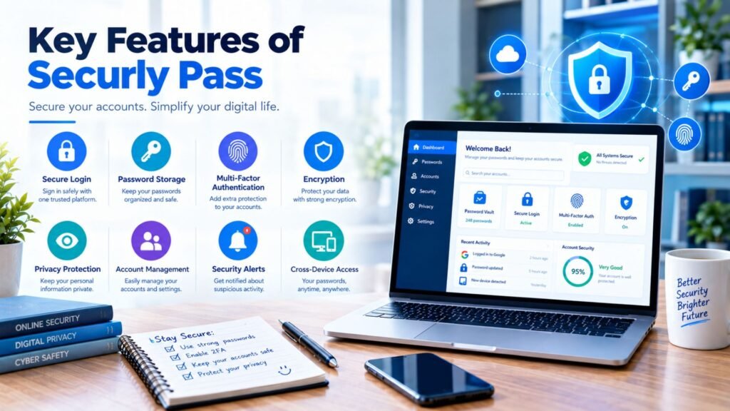 Generic password-management dashboard showing secure login, password storage, multi-factor authentication, encryption, privacy, account management, and security alerts.